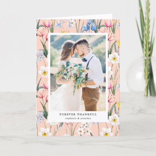 Spring Botanical Flowers Pattern Photo Wedding Thank You Card