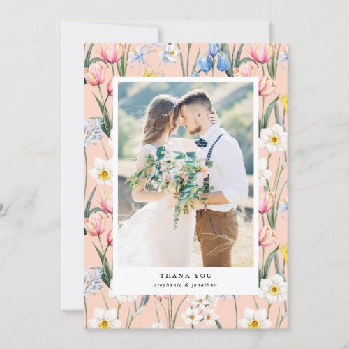 Spring Botanical Flowers Pattern Photo Wedding Thank You Card