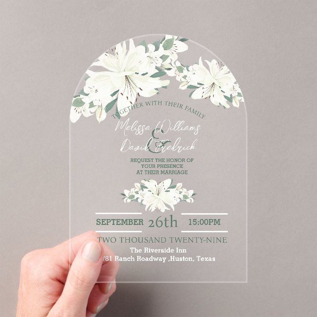 Spring Botanical Greenery White Floral Wedding Acrylic Invitations (Insitu (Handheld))