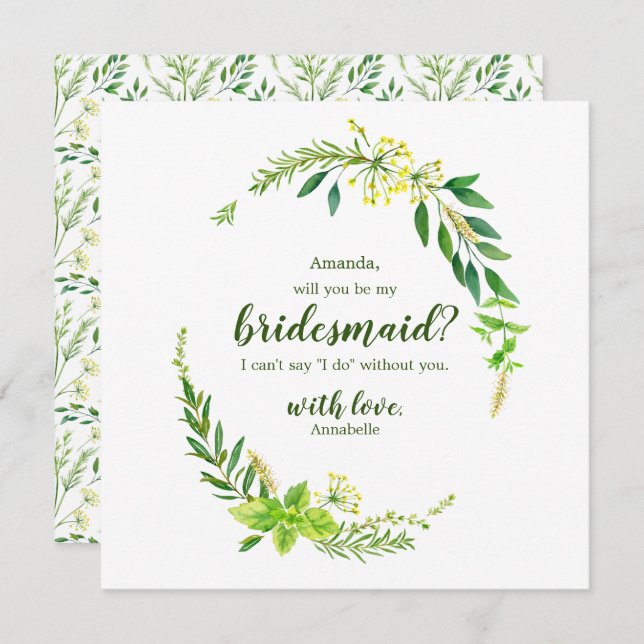 Spring Botanical Herbs Will You be my Bridesmaid Invitation (Front/Back)