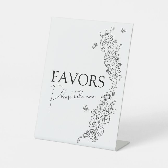 Spring botanical line art mono favors pedestal sign (Front)
