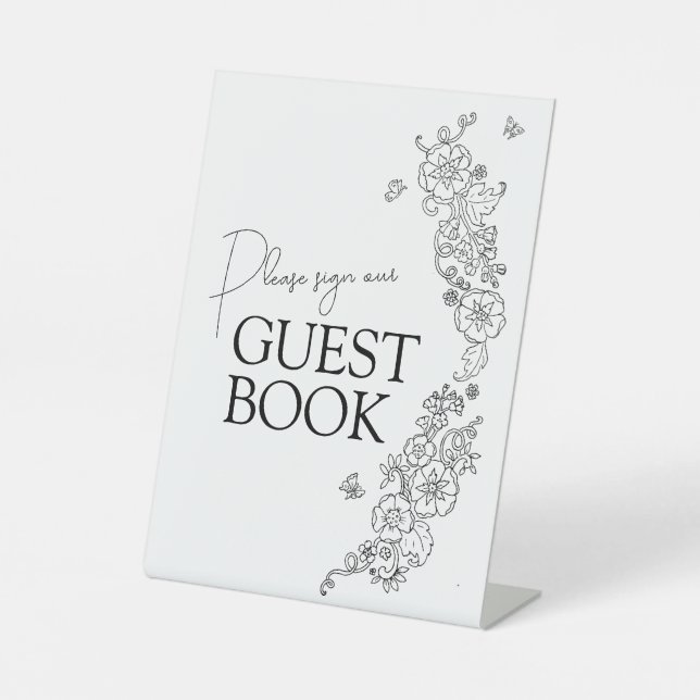 Spring botanical line art mono guest book  pedestal sign (Front)