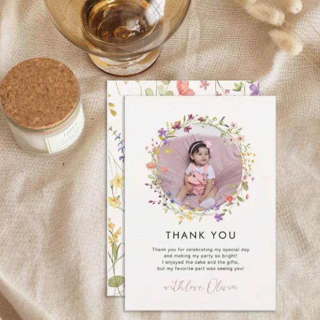 Spring Botanical Wildflower 1st Birthday Party Thank You Card | Zazzle