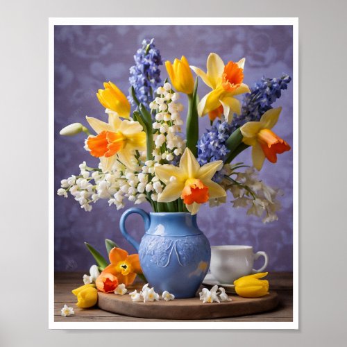 Spring Bouquet of Daffodils Hyacinths Blue Vase Poster