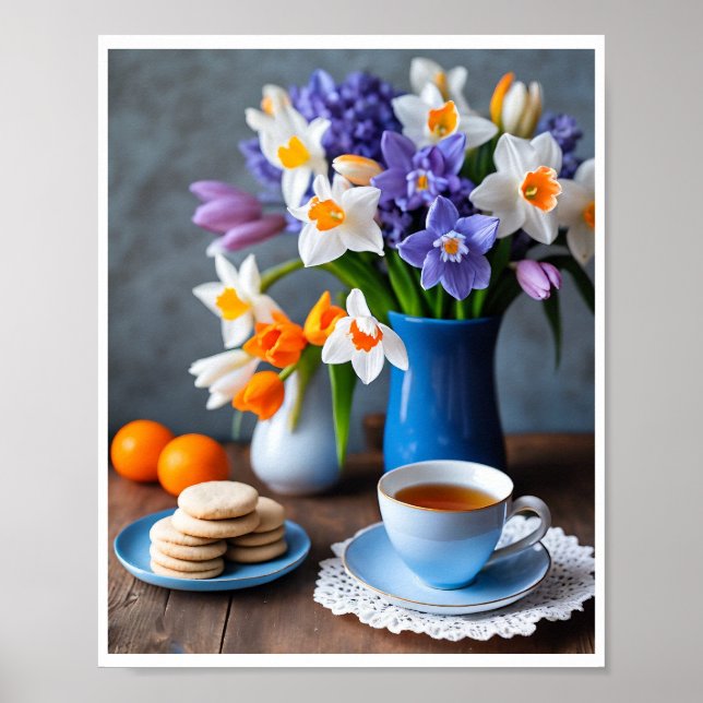 Spring Bouquet of Daffodils Hyacinths Teacup Poster (Front)