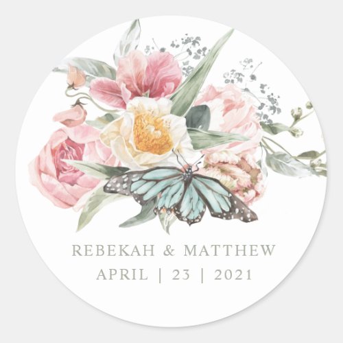 Spring Bouquet  Tulip and Butterfly Watercolor Classic Round Sticker