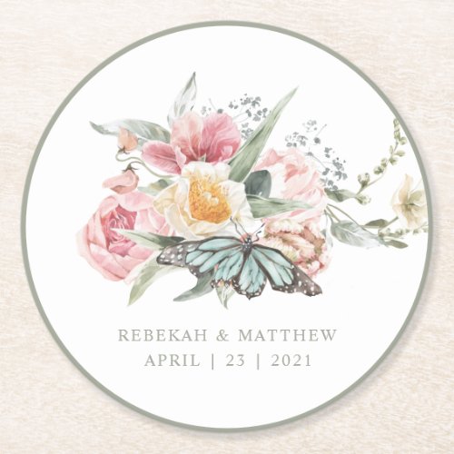 Spring Bouquet  Tulip and Butterfly Watercolor Round Paper Coaster