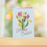 Spring Bouquet Tulip Daffodil Easter Holiday Card<br><div class="desc">Original illustrated spring bouquet with retro script. Customize the interior color add text or photo</div>