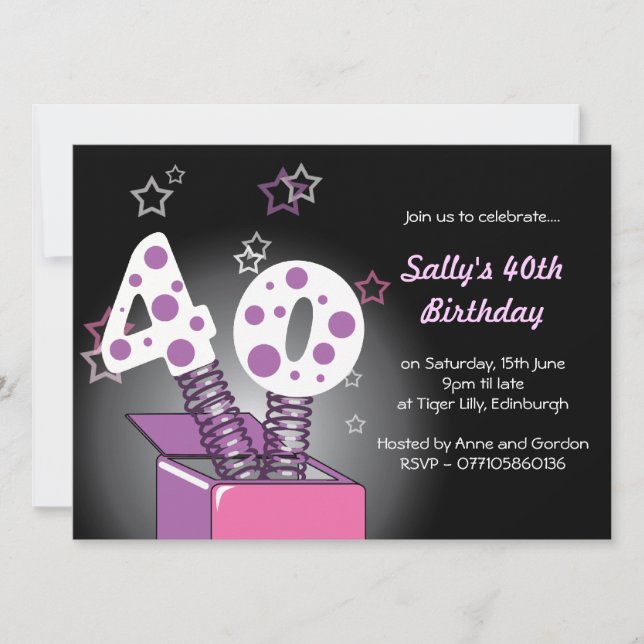 Spring Box 40th Birthday Party - pink & purple Invitation (Front)