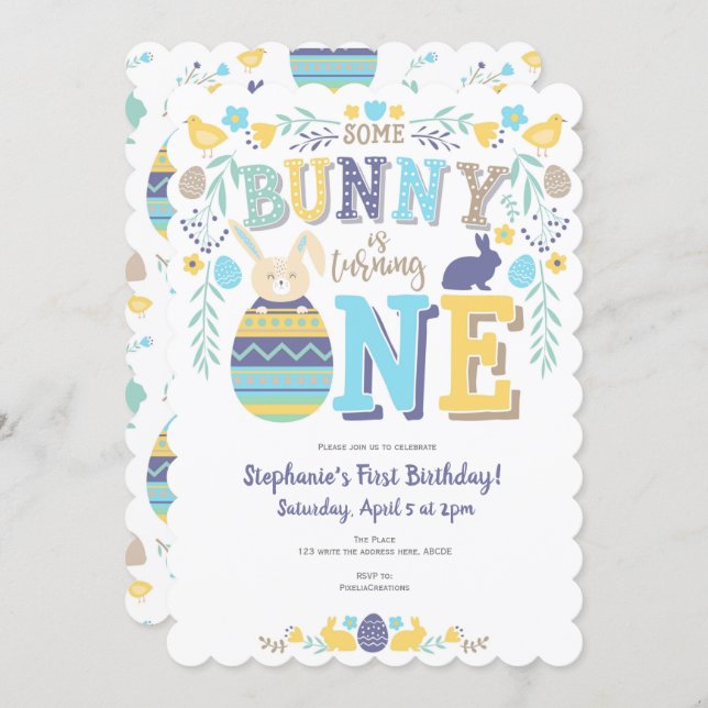 Spring, boy 1st birthday, Easter, Bunny Invitation (Front/Back)