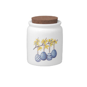 Spring Branch with Hanging Blue Easter Eggs Candy Jar