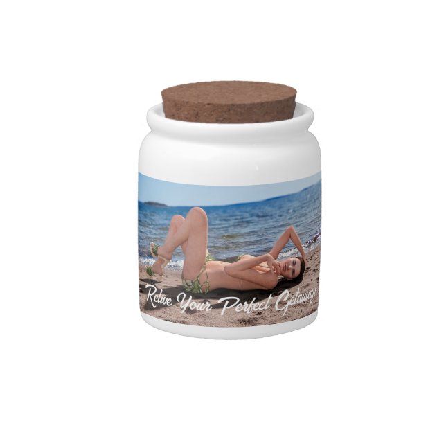 Spring Break Girl Lying on Sandy Beach Candy Jar (Front)