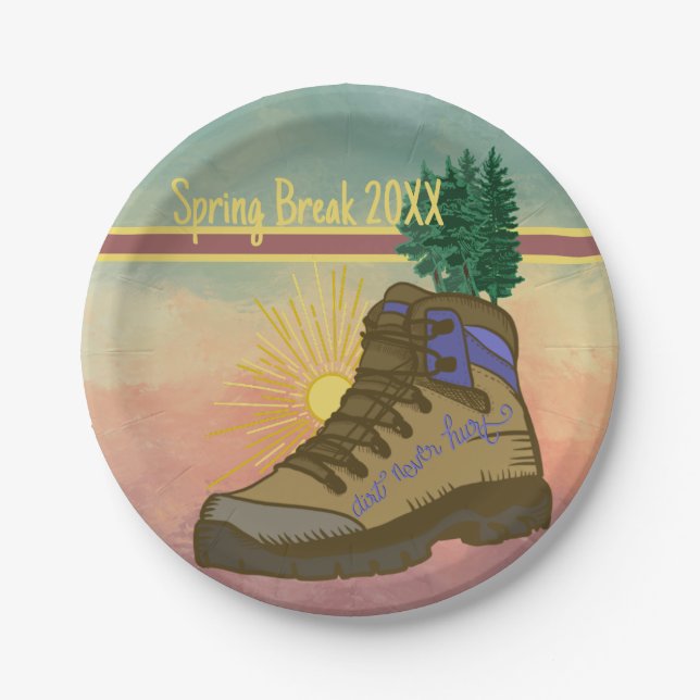 Spring break Hiker Personalized Camping Picnic Paper Plates (Front)