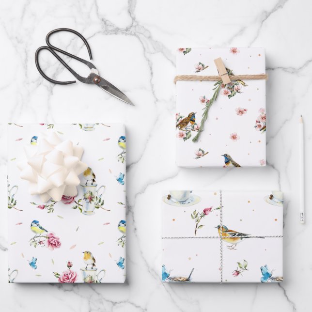Spring Bridal Mother's Day Watercolor Birds Wrapping Paper Sheets (Front)