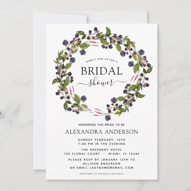 Spring Bridal Shower Blackberry Floral Wreath Invitation (Front)