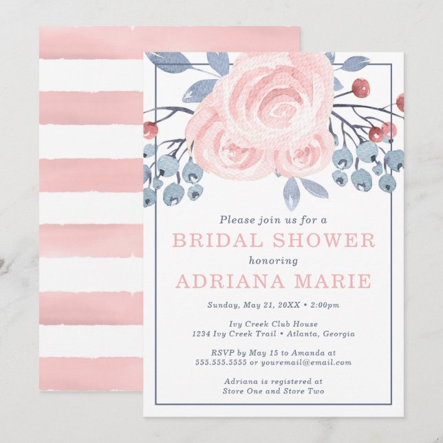 Spring Bridal Shower Invitation, Watercolor Flower Invitation (Front/Back)