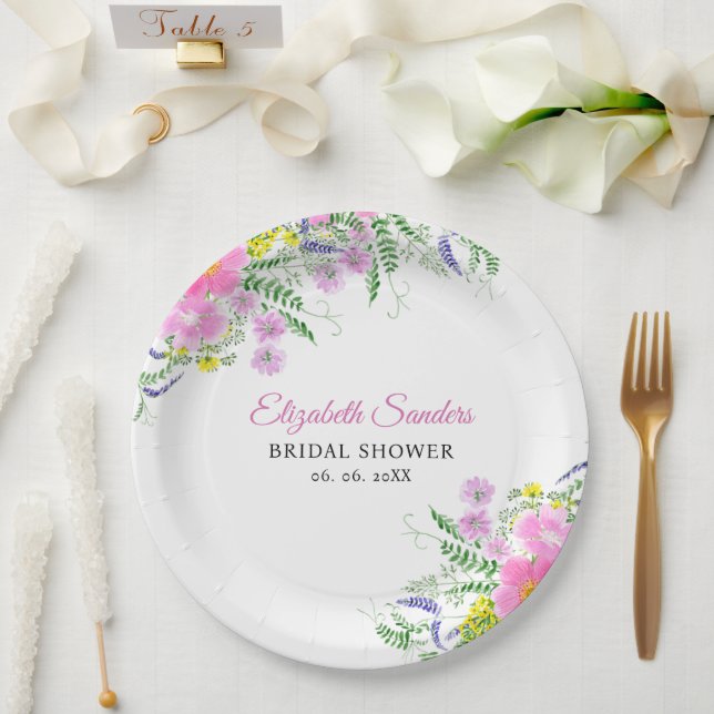 Spring Bridal shower with wildflowers Pink Color Paper Plates (Wedding)