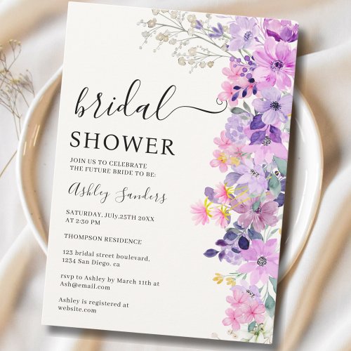 Spring Bridal shower with wildflowers Purple Color Invitation