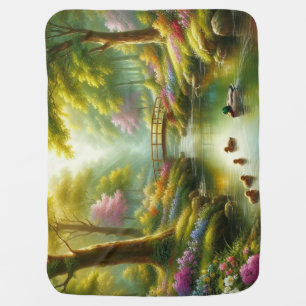 Spring brook with ducks/flowers baby blanket