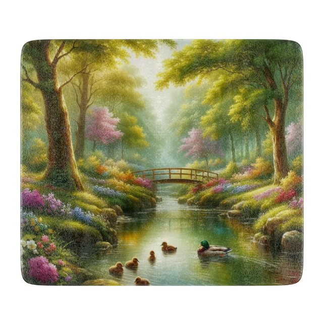 Spring brook with ducks/flowers cutting board
