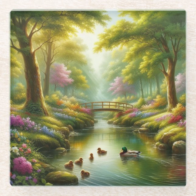 Spring brook with ducks/flowers glass coaster (Front)