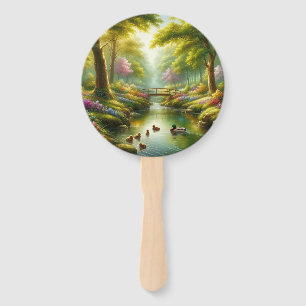 Spring brook with ducks/flowers hand fan