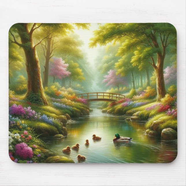 Spring brook with ducks/flowers mouse pad (Front)