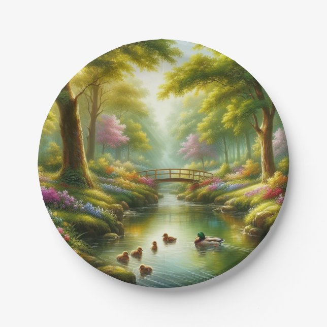 Spring brook with ducks/flowers paper plates (Front)