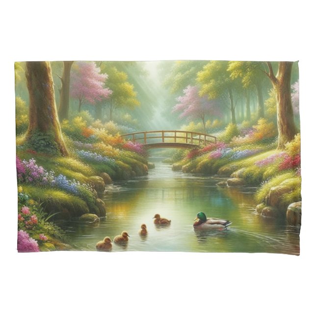 Spring brook with ducks/flowers pillow case (Front)