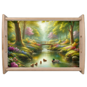 Spring brook with ducks/flowers serving tray