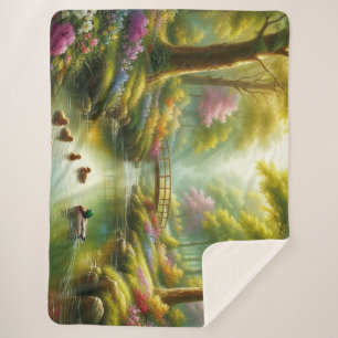 Spring brook with ducks/flowers sherpa blanket