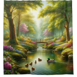 Spring brook with ducks/flowers shower curtain