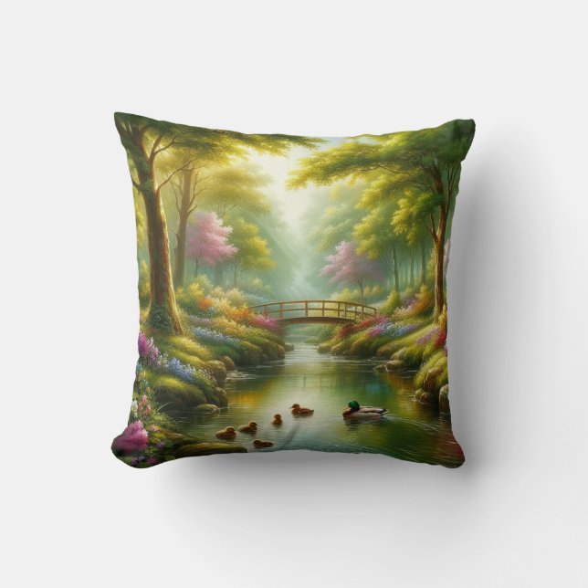 Spring brook with ducks/flowers throw pillow (Front)