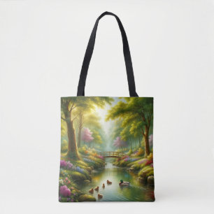 Spring brook with ducks/flowers tote bag