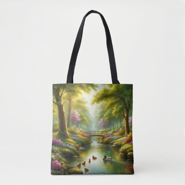 Spring brook with ducks/flowers tote bag (Front)