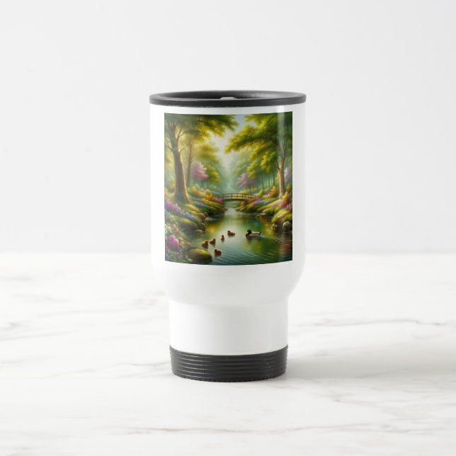 Spring brook with ducks/flowers travel mug (Center)