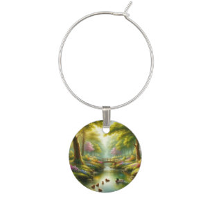 Spring brook with ducks/flowers wine charm