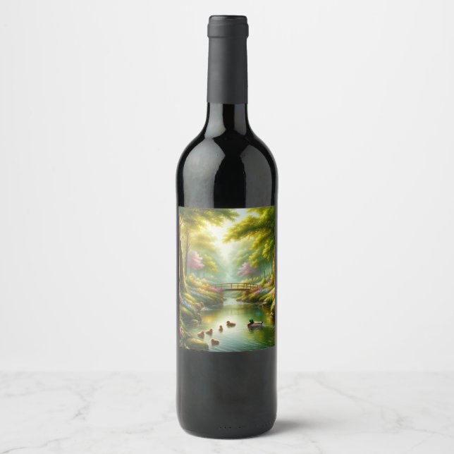 Spring brook with ducks/flowers wine label (Front)