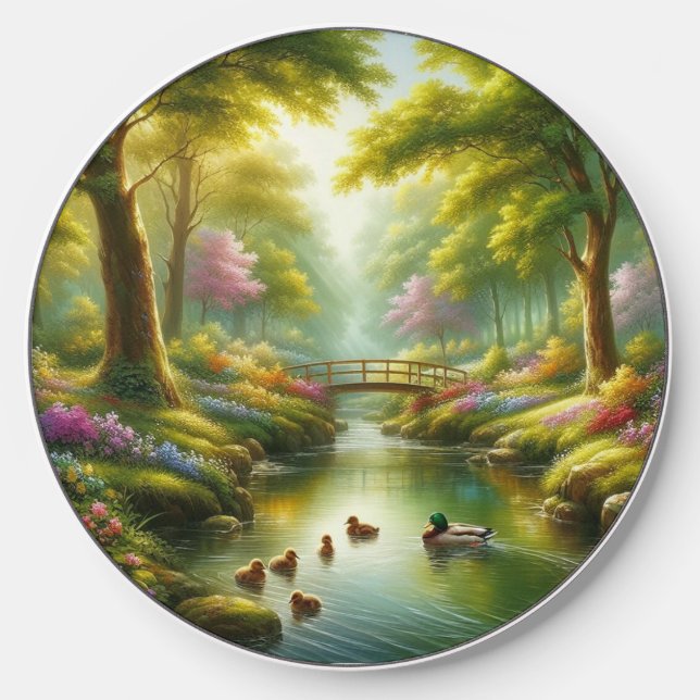 Spring brook with ducks/flowers wireless charger  (Front)