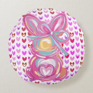 Spring bunnies and hearts round pillow