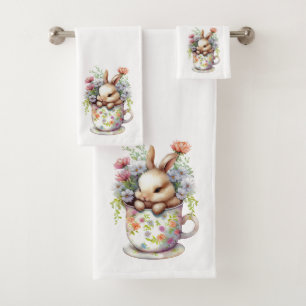 Spring Bunnies, Flowers and Tea Cups Bath Towel Se