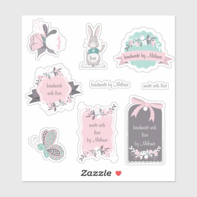 spring bunny and floral handmade with love sticker (Sheet)