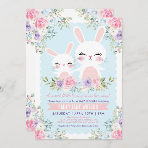 Spring Bunny Baby Shower Kawaii Rabbit Floral Invitation