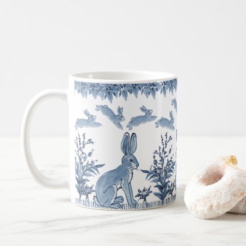 Spring Bunny Blue White Rabbit Fun Pattern Delft Coffee Mug