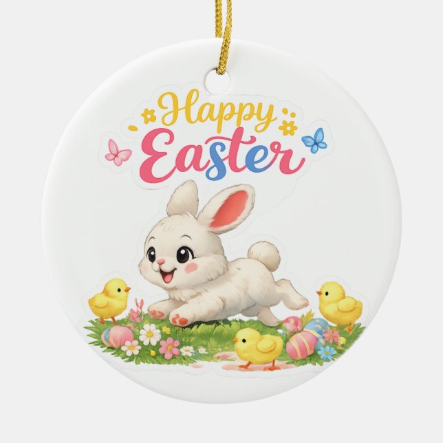 Spring Bunny & Chicks Collection Ceramic Ornament (Front)