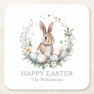 Spring Bunny Easter Eggs Garland Personalized Square Paper Coaster