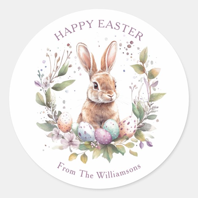 Spring Bunny Easter Eggs Wreath Personalized Classic Round Sticker (Front)