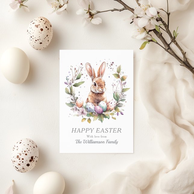 Spring Bunny Easter Eggs Wreath Personalized Holiday Card (See the collection for matching items for Easter Brunch celebrations)
