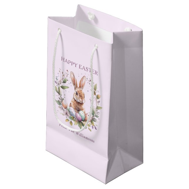 Spring Bunny Easter Eggs Wreath Personalized Small Gift Bag (Front Angled)