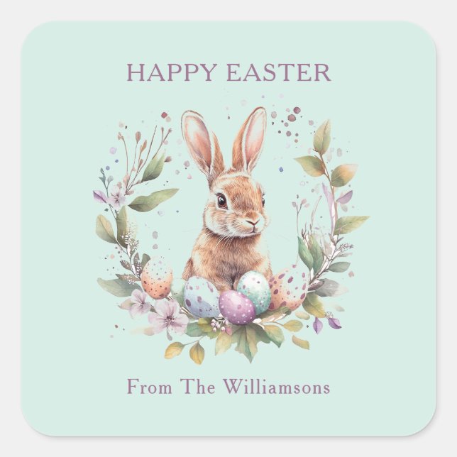Spring Bunny Easter Eggs Wreath Personalized Square Sticker (Front)